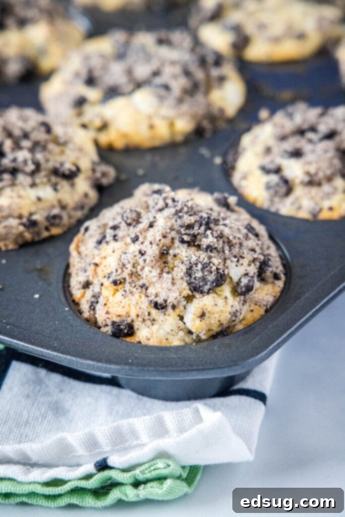 Baked Oreo Muffins in muffin tin, golden brown with streusel
