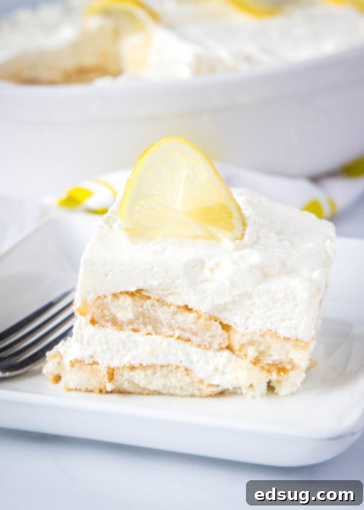 Zesty Lemon Tiramisu 5 slices of limoncello tiramisu on a white plate with a fork