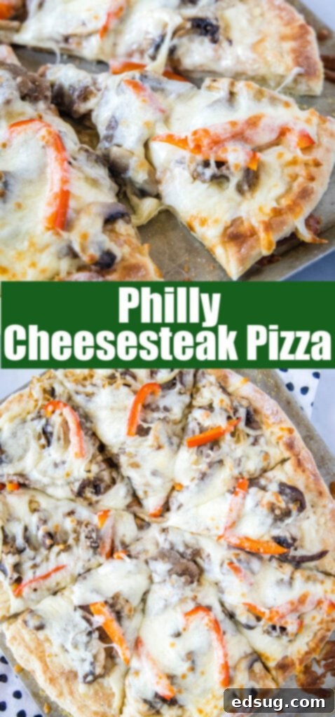 Philly Steakhouse Pizza 8 Close-up view of a slice of Philly Cheesesteak Pizza, showing the perfectly melted cheese, tender steak, and colorful vegetables.