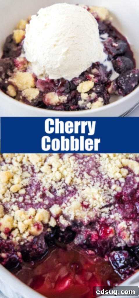 Classic Cherry Cobbler 7 Close-up view of the bubbly, golden-brown topping and rich red cherry filling of a freshly baked cherry cobbler in a white dish.