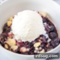 Classic Cherry Cobbler 8 Close-up of a delightful cherry cobbler with a scoop of vanilla ice cream, perfect for serving.
