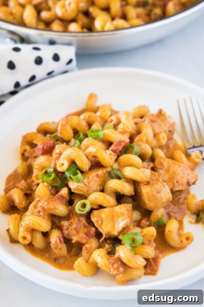 looking down on a white plate of chicken chorizo pasta
