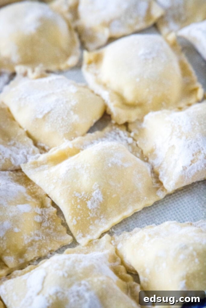 Handcrafted Ravioli Delights 8 filled homemade ravioli resting on a parchment-lined baking sheet
