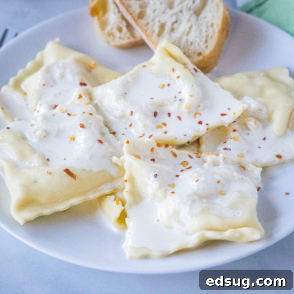 Handcrafted Ravioli Delights 9 close-up of a plate of homemade ravioli with creamy roasted garlic sauce and fresh parsley