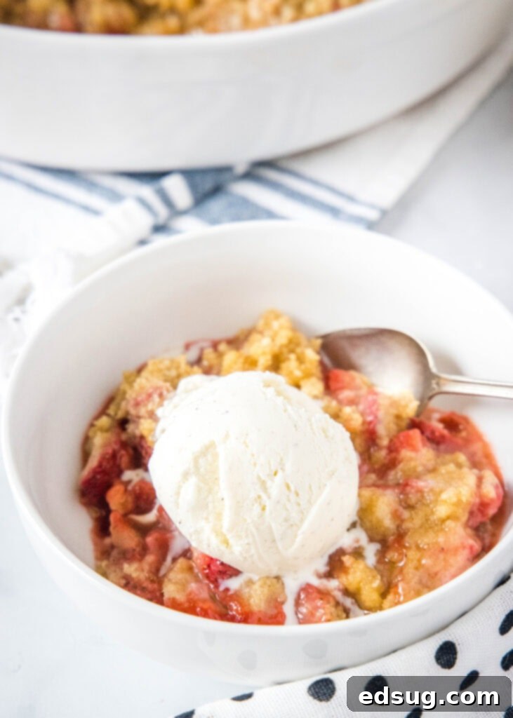Irresistible Strawberry Crumble 4 A serving of warm strawberry crumble topped with a melting scoop of vanilla ice cream in a white bowl, ready to eat.