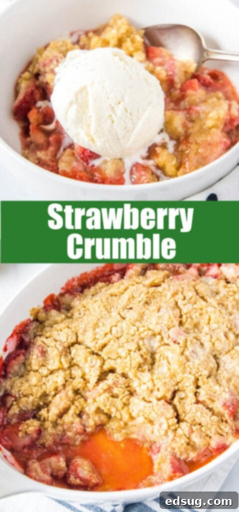 Irresistible Strawberry Crumble 7 Close-up shot of a strawberry crumble with a rich, golden brown topping and bubbling fruit underneath, perfect for sharing on Pinterest.
