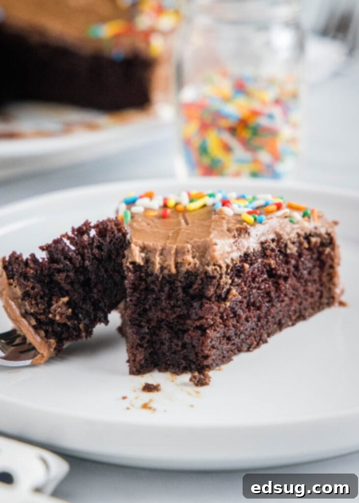 A delicious slice of air fryer chocolate cake with a bite taken out, showing its fluffy, moist interior.