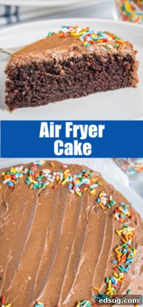 Close-up of a frosted air fryer chocolate cake with sprinkles, perfect for sharing on social media.