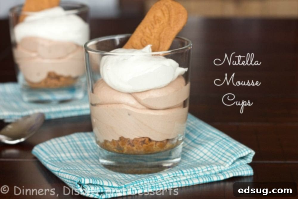 Nutella Mousse Cups | @dinnersdishesdessert Nutella Mousse Cups in a jar, garnished with a Biscoff cookie