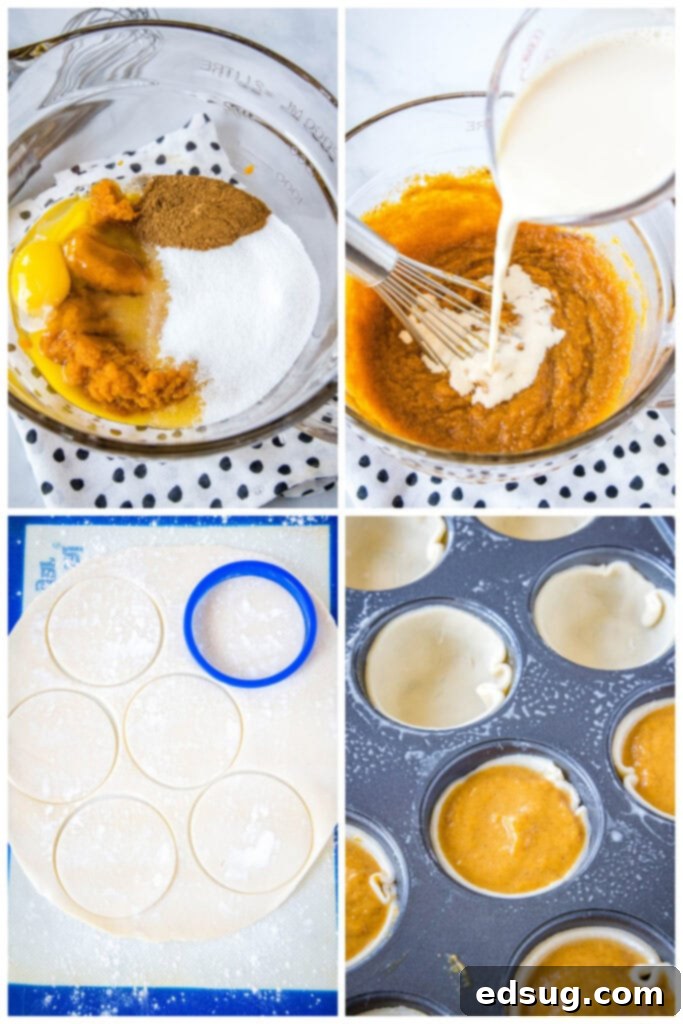 A step-by-step photo collage illustrating the process of making mini pumpkin pies, from cutting crusts to pouring filling.
