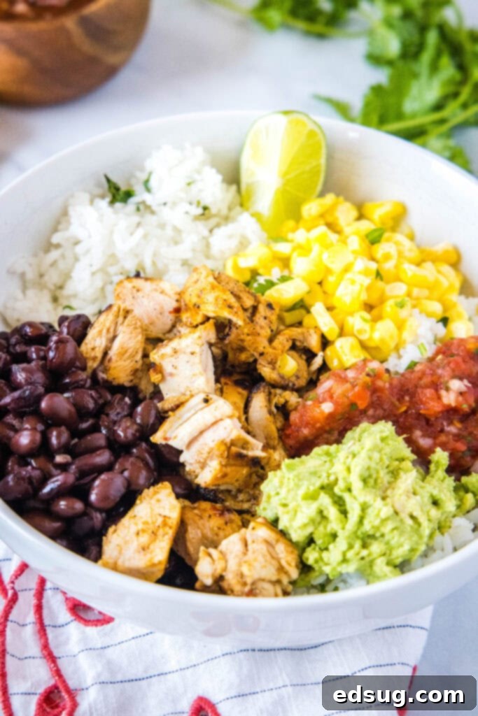 looking down on chipotle chicken in a mexican bowl