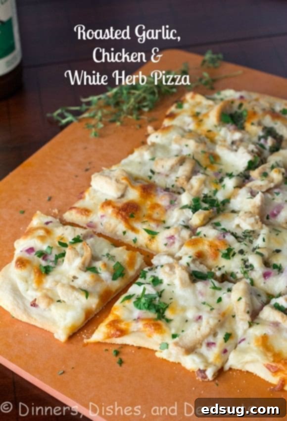 Roasted Garlic, Chicken & Herb White Pizza - Roasted garlic sauce topped with chicken, red onions, and herbs. A great white pizza that will rival any pizza out there!