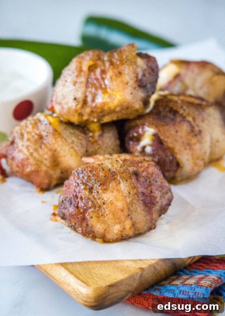 Texas Smoked Armadillo Eggs 6 bacon wrapped armadillo eggs on a cutting board, ready to be served