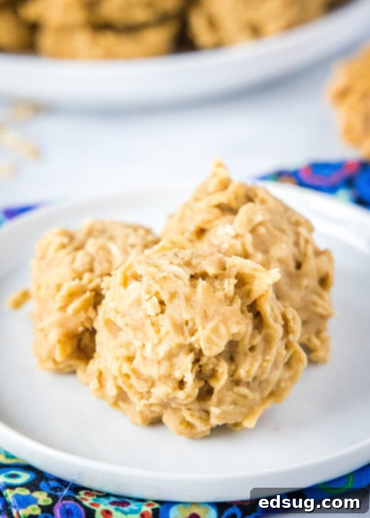 Stacked no-bake peanut butter oatmeal cookies on a white plate, showcasing their inviting texture