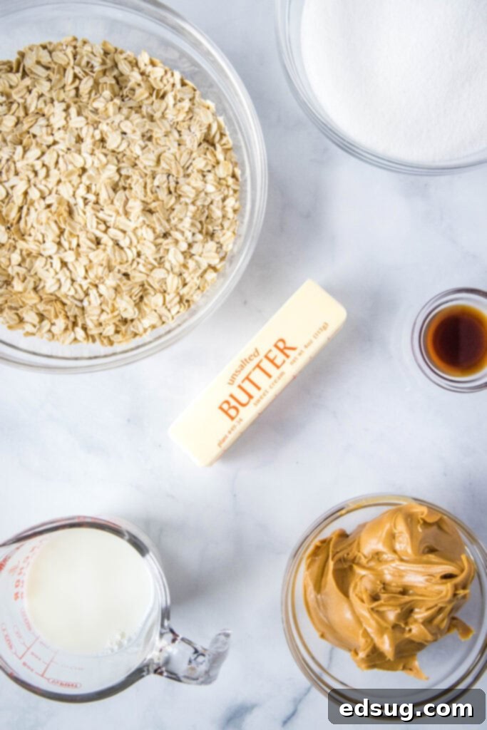 A collection of ingredients for no-bake peanut butter cookies, including butter, sugar, milk, peanut butter, vanilla, and oats