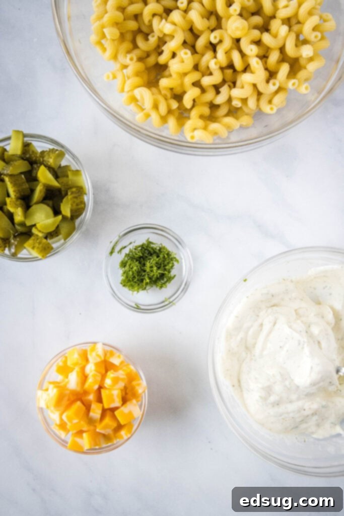 Tangy Dill Pickle Pasta Perfection 3 Dill pickle pasta salad ingredients laid out on a counter: pasta, dill pickles, cheese, fresh dill, mayo, sour cream, and spices.