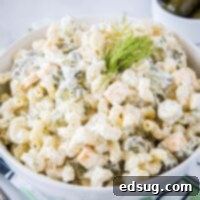 cropped square image of dill pickle pasta salad