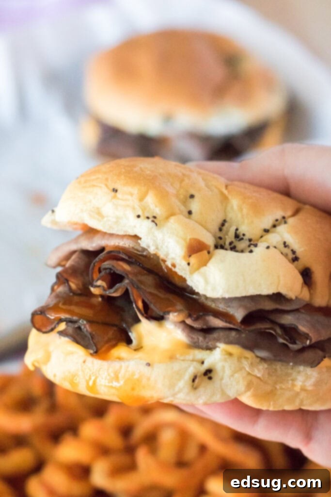 holding beef & cheddar sandwich over a plate of curly fries