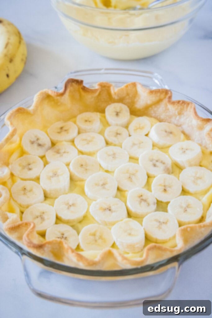 A perfectly baked pastry shell with a thin layer of custard at the bottom, topped with a neat, even layer of freshly sliced bananas, forming the base of the banana cream pie.
