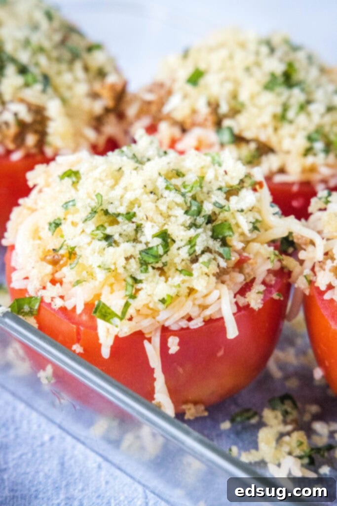 stuffed tomatoes ready for the oven in baking dish