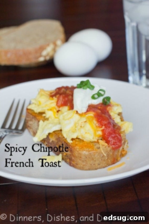 Spicy Chipotle French Toast topped with scrambled egg, salsa, and green onions