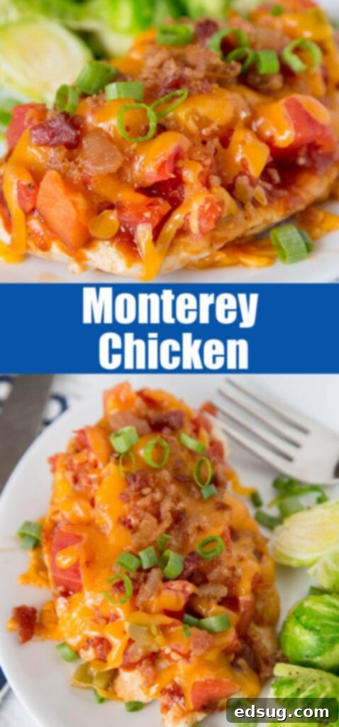 Loaded Monterey Chicken 5 Close up of a skillet with Monterey chicken, topped with melted cheese, bacon, and green onions