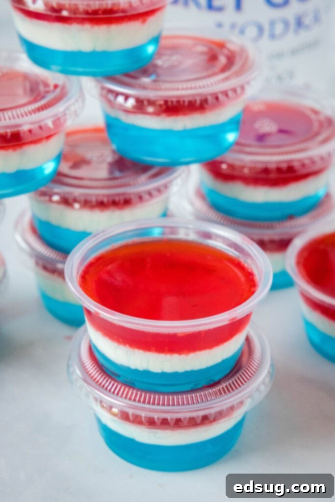 Patriotic Jello Shots 6 cups of red white and blue layered jello
