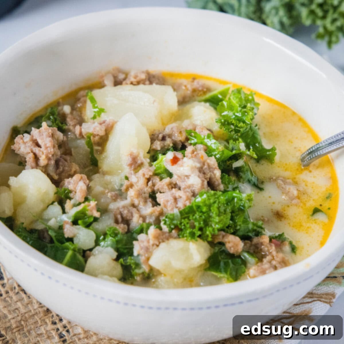 Close up of a bowl of Zuppa Toscana