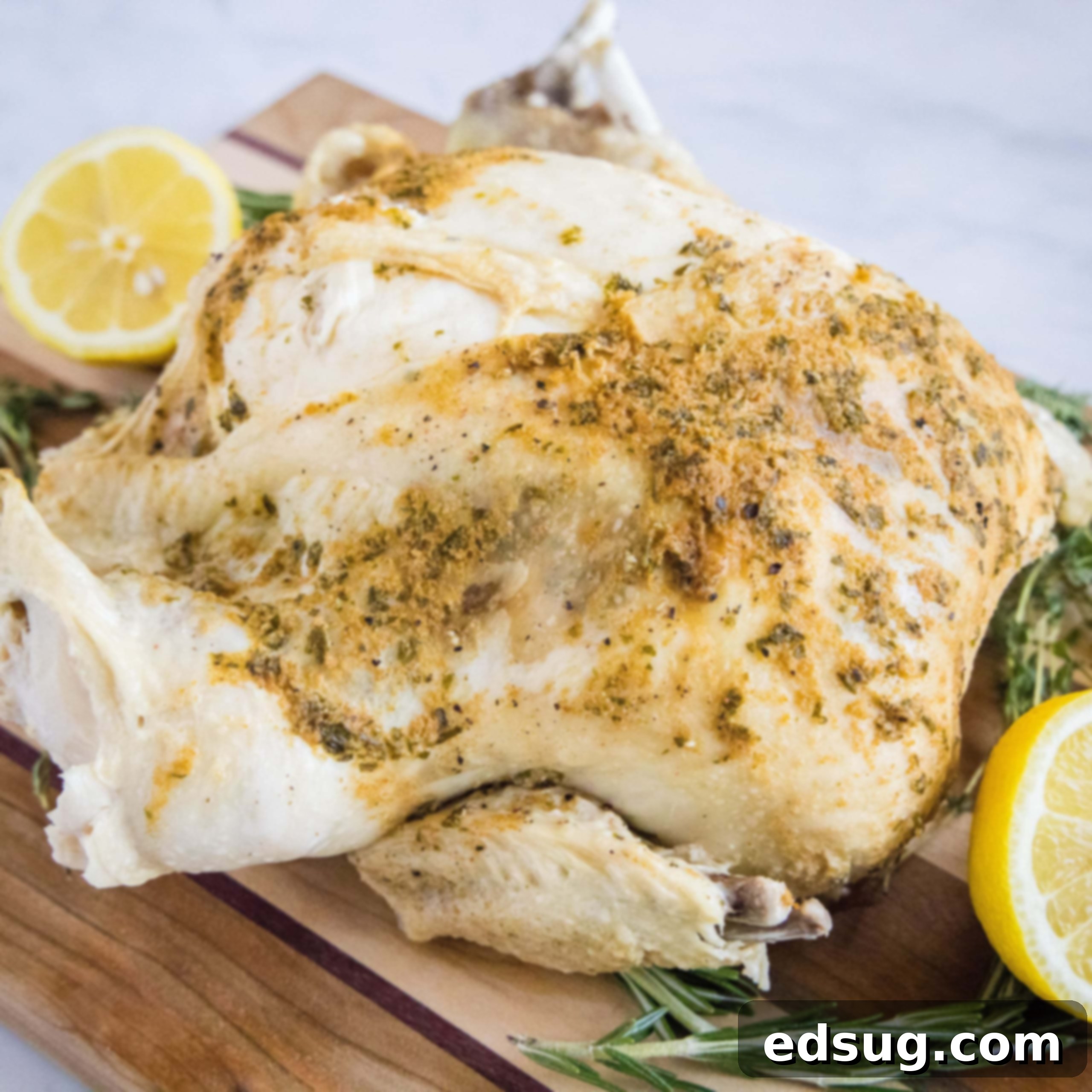 cropped close up instant pot whole chicken on a cutting board