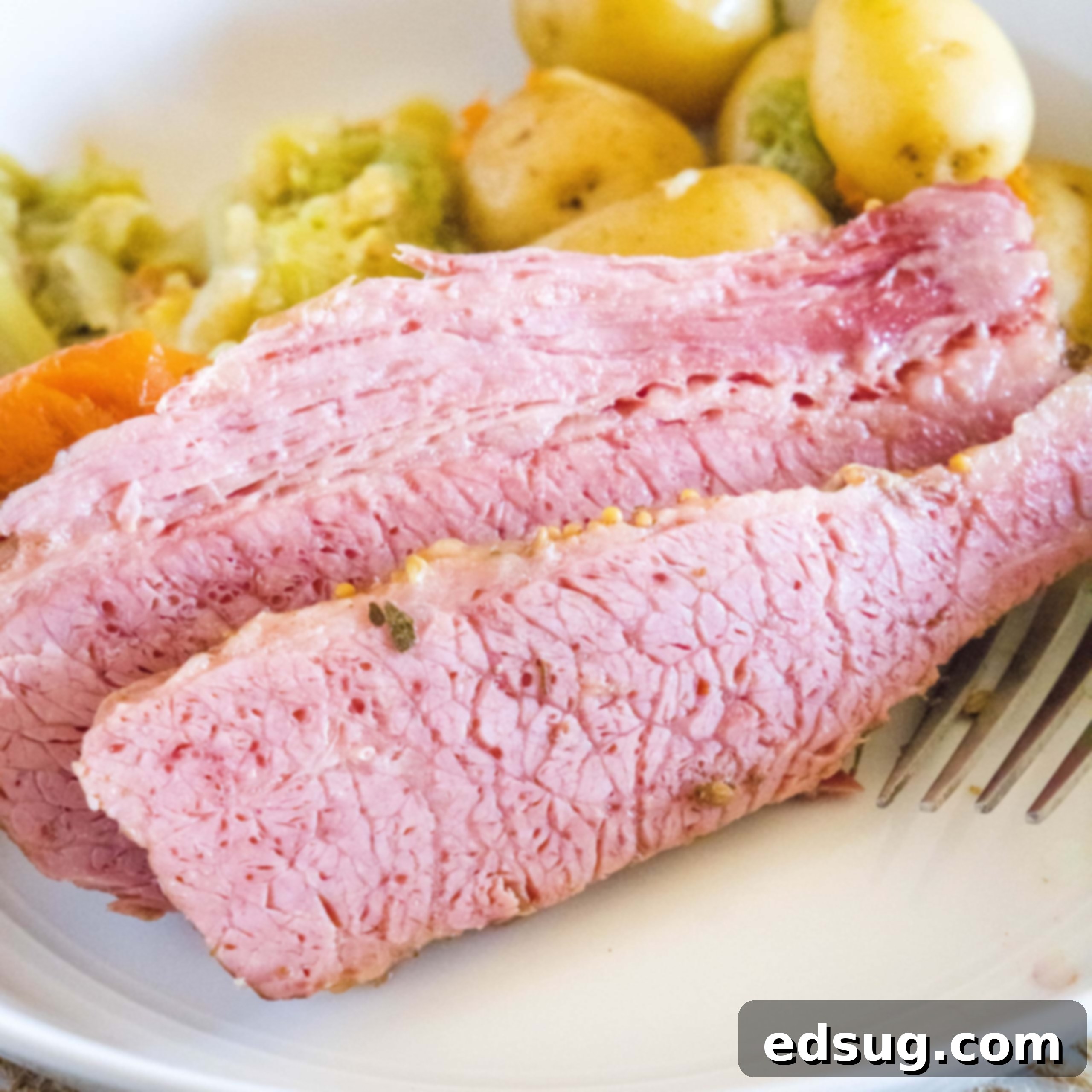 close up sliced corned beef on a plate