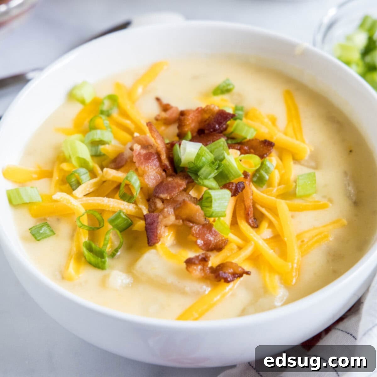 Close up of a bowl of potato soup topped with cheese, green onions, and bacon.