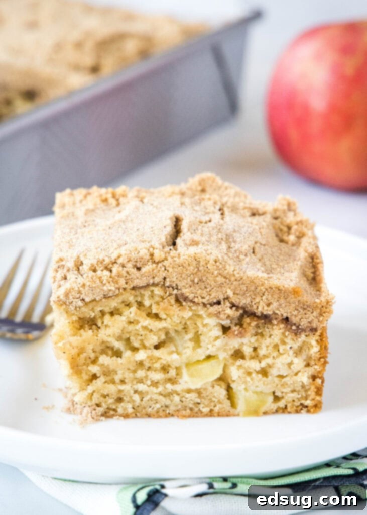 apple coffee cake on a plate with a fork