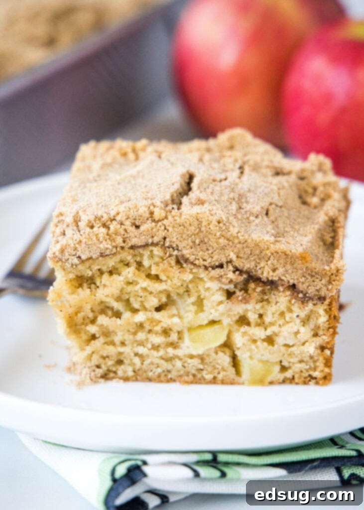 a slice of apple coffee cake on a white plate