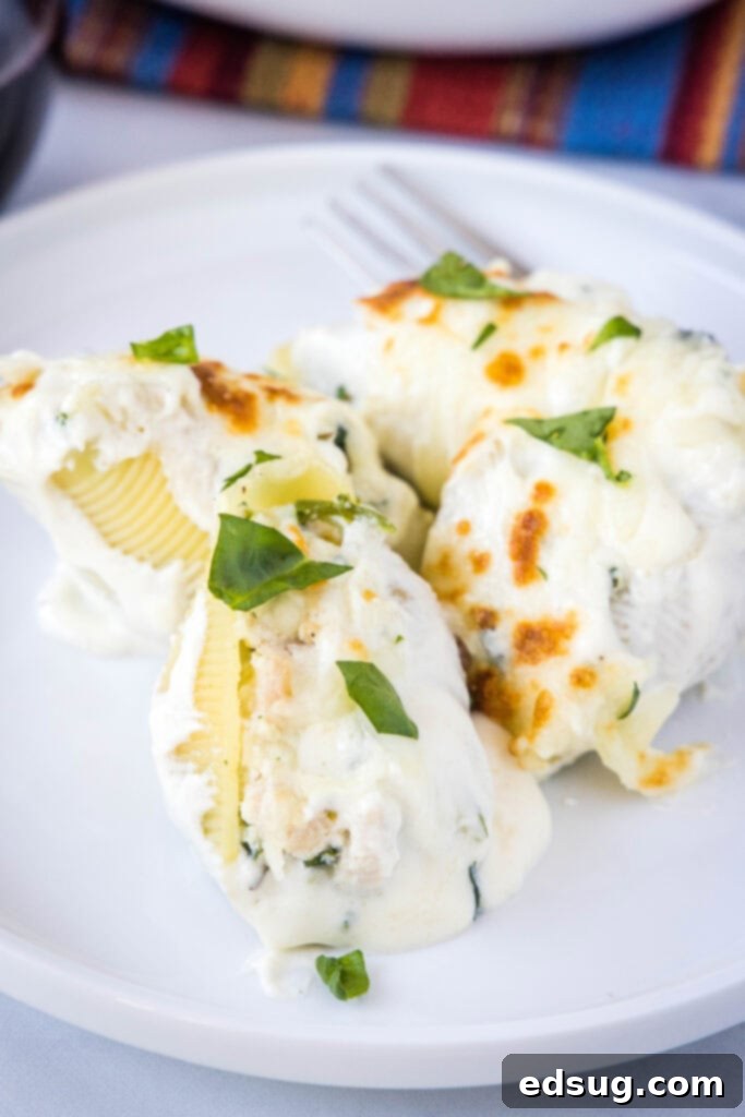Creamy Chicken Stuffed Shells 6 A serving of creamy chicken stuffed shells on a white plate, garnished with fresh parsley