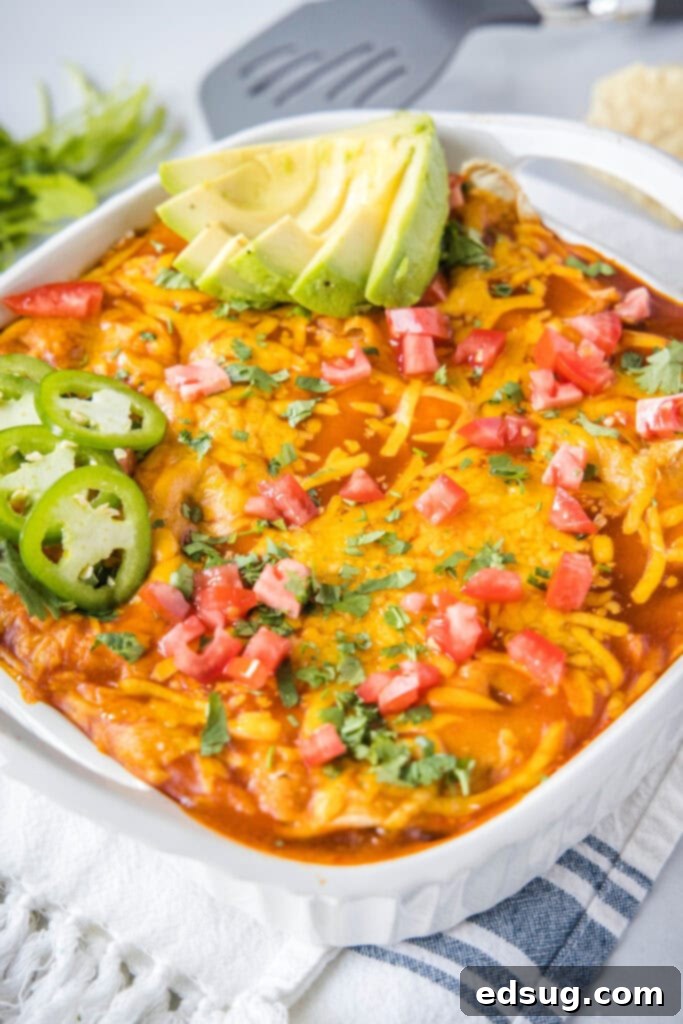 Cheesy Beef Enchilada Delight 2 looking down on baked beef enchilada casserole