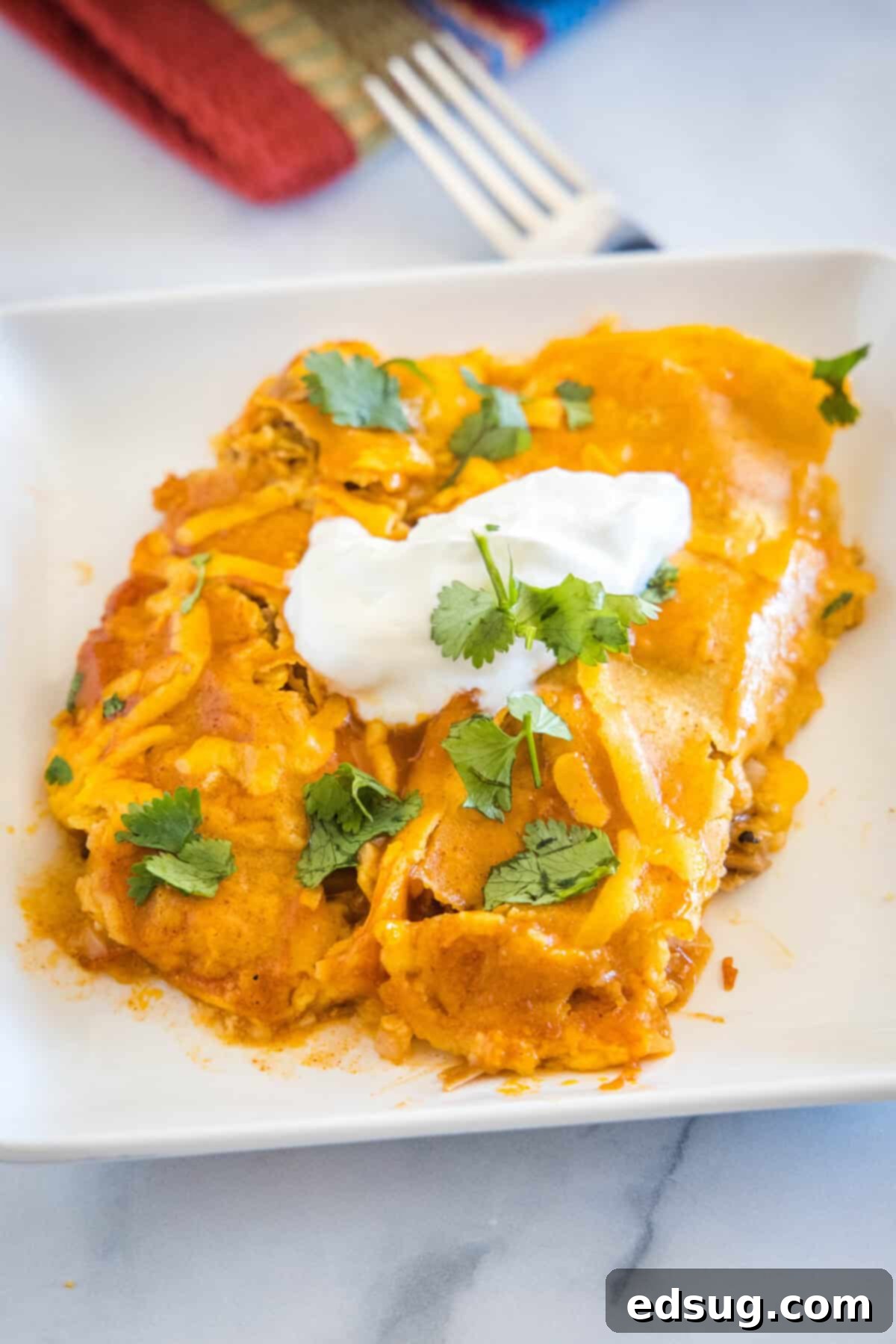 Savory Pork Enchiladas 8 enchiladas on a plate topped with sour cream