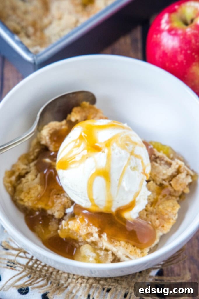 Overhead shot of a bowl of warm Apple Dump Cake with a scoop of melting vanilla ice cream and a swirl of caramel sauce.