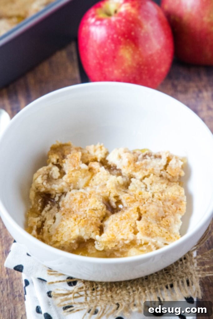 A perfectly portioned slice of warm Apple Dump Cake in a white bowl, ready to be served.