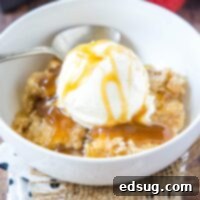 Close-up of a serving of Apple Dump Cake in a white bowl, garnished with ice cream and caramel.