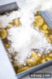 Sprinkling spiced cake mix evenly over the apple pie filling in a baking dish.