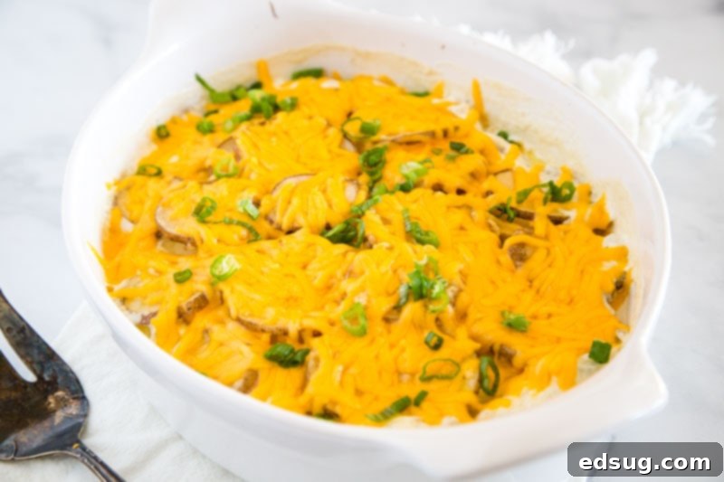 Ultimate Golden Potato Gratin 5 Potatoes Au Gratin - thinly sliced potatoes layered with a deliciously thick cream sauce and topped with cheddar cheese. Such a great side dish for any type of meal and so much easier to make than you think!