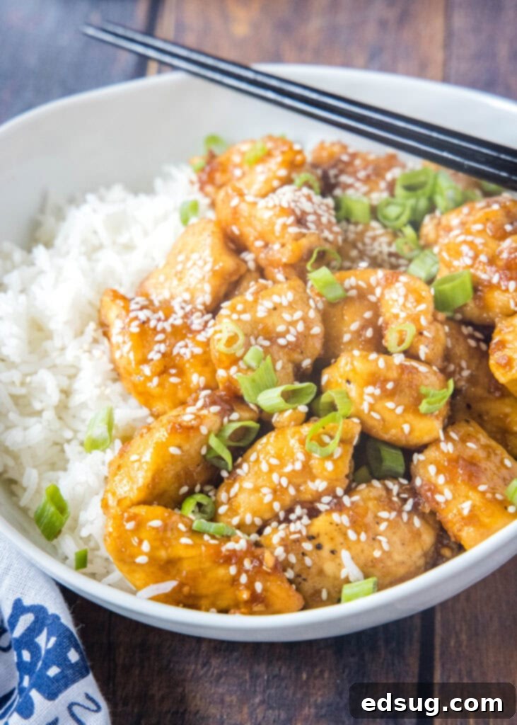 A perfectly portioned white bowl of Bourbon Chicken and rice, garnished with green onions and sesame seeds
