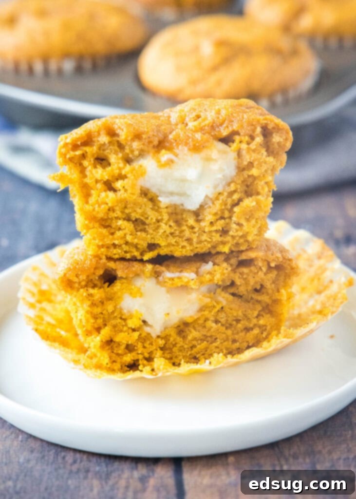 Pumpkin Cream Cheese Swirl Muffins 2 pumpkin cream cheese muffin cut in half and stacked on top of each other