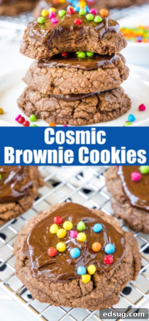 Stellar Brownie Cookies 7 Close-up of a cosmic brownie cookie with vibrant rainbow sprinkles, perfect for a Pinterest feature image.