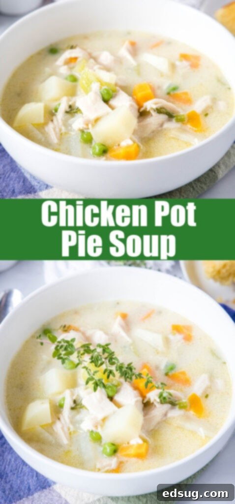 Creamy Chicken Pot Pie Soup 6 Close-up of a bowl of creamy chicken pot pie soup garnished with thyme, perfect for sharing on social media or Pinterest.