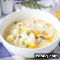 Creamy Chicken Pot Pie Soup 7 close up chicken pot pie soup in a bowl