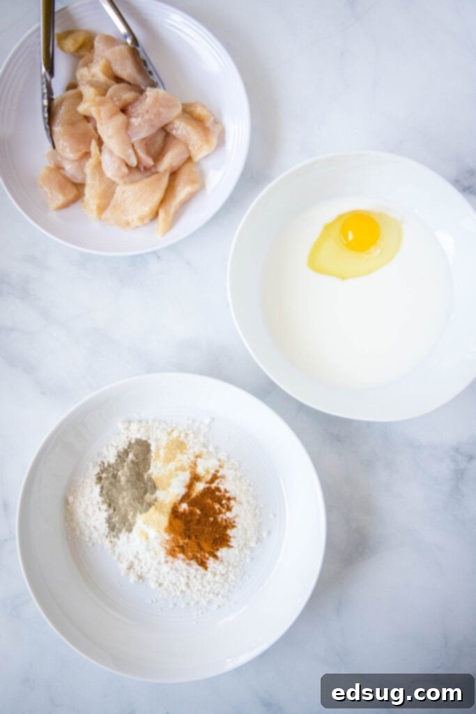 Crispy Chicken Poppers 3 ingredients in bowls for boneless chicken wings