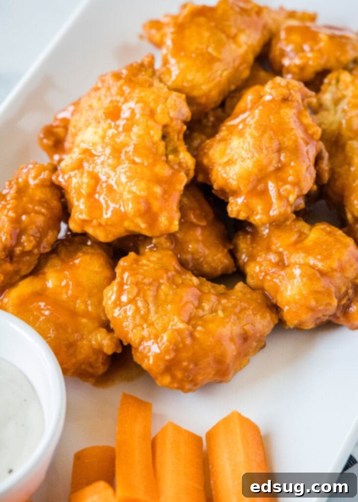 Crispy Chicken Poppers 7 a plate of boneless buffalo wings with carrot sticks and ranch
