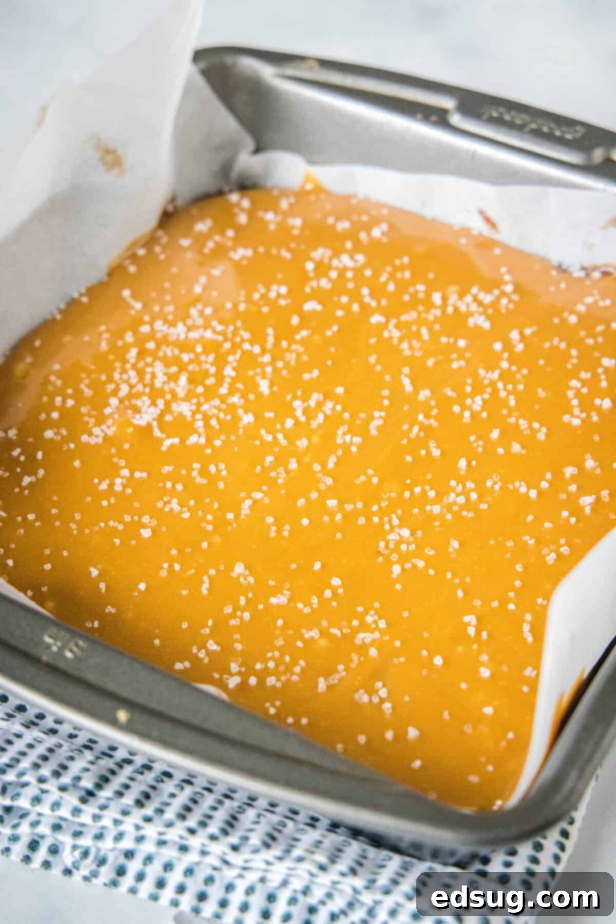 Enhance the flavor: liberally sprinkle sea salt over the rich caramel layer. A smooth layer of salted caramel spread over brownie batter, generously sprinkled with glistening sea salt crystals.