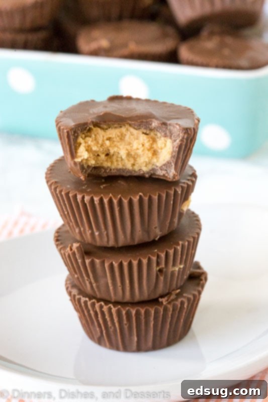 Choco-Nutty Indulgence 2 homemade peanut butter cups stacked, one has a bite taken out of it.